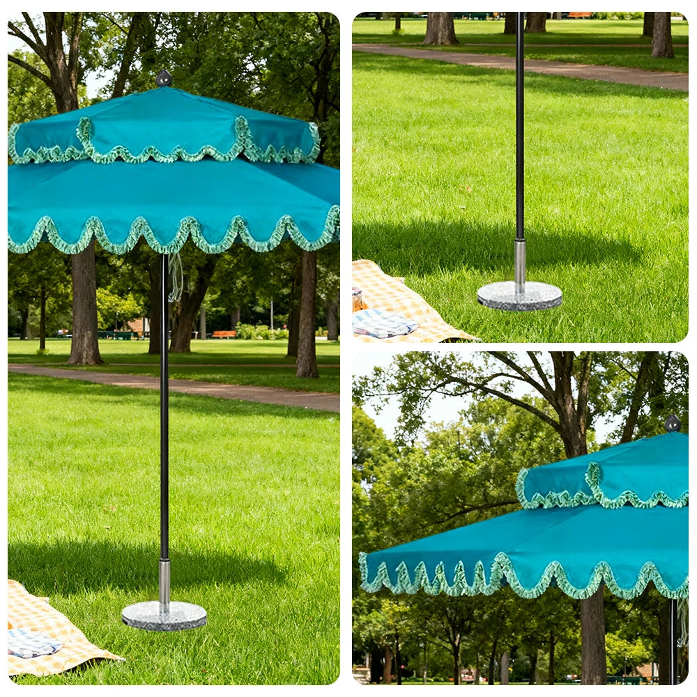 SOLARA Outdoor Patio Umbrella - 250/270cm Round Double-Layer Canopy with French Scalloped Valance, Enhanced Ventilation & Wind Resistance, Sunshade & Rain Protection, 20kg Marble Base Included - Peacock Blue