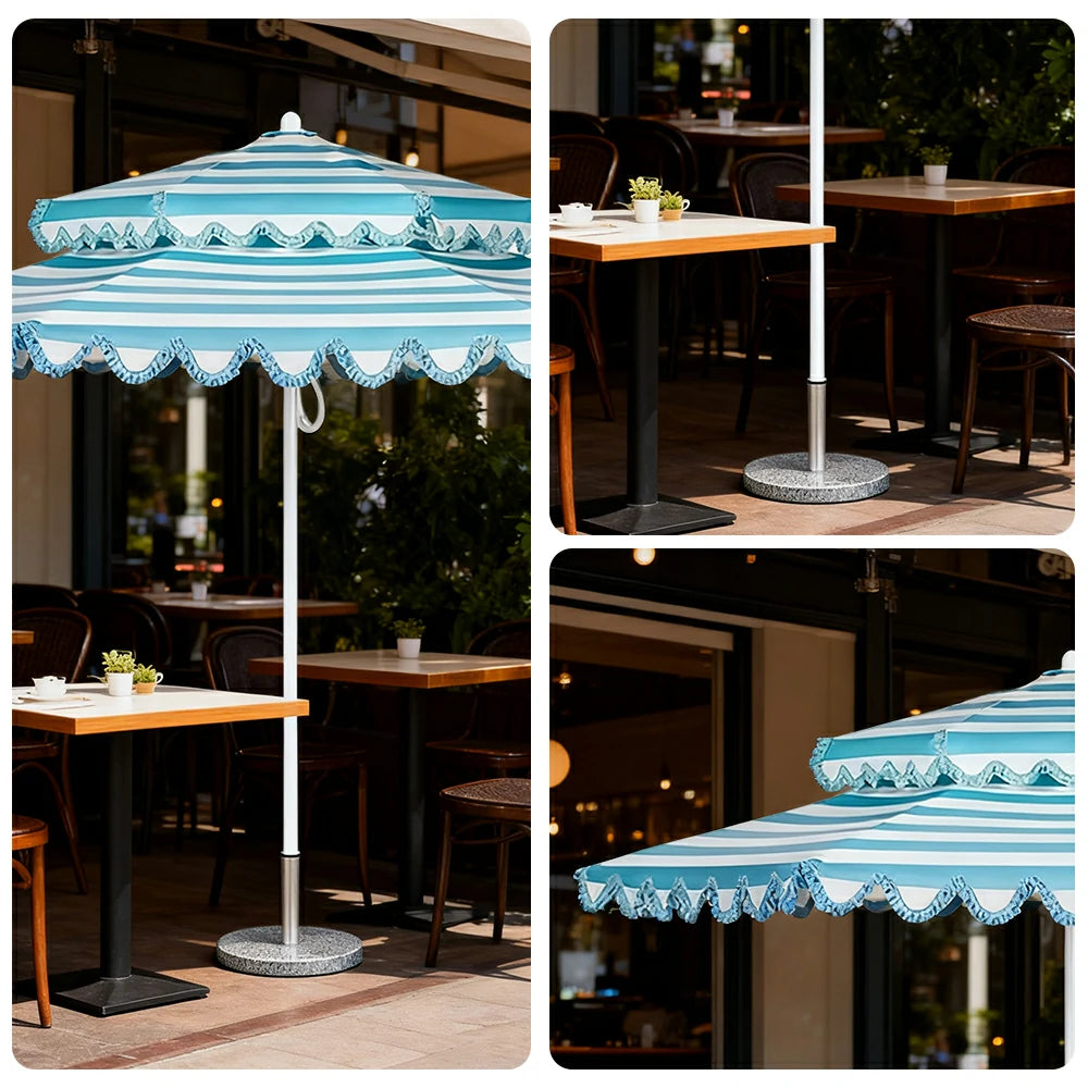 SOLARA Outdoor Patio Umbrella - 250/270cm Round Double-Layer Canopy with French Scalloped Valance, Enhanced Ventilation & Wind Resistance, Sunshade & Rain Protection, 20kg Marble Base Included - Blue