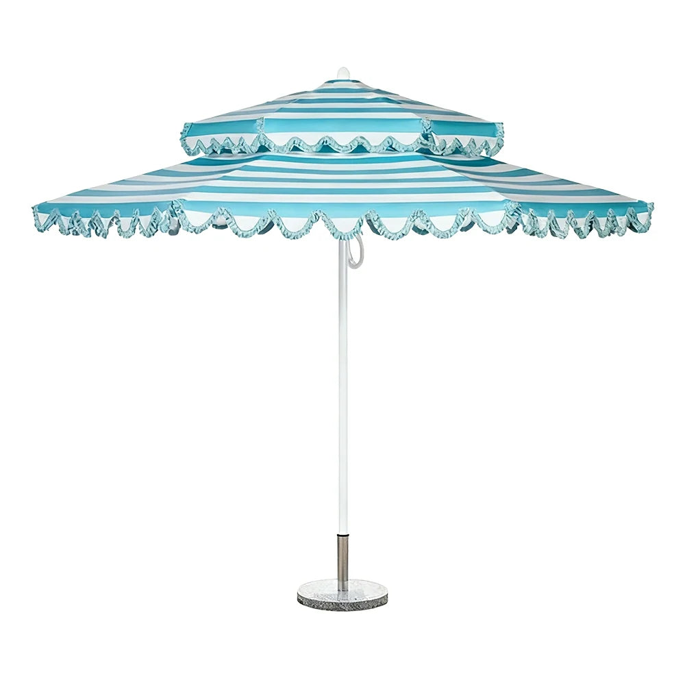 SOLARA Outdoor Patio Umbrella - 250/270cm Round Double-Layer Canopy with French Scalloped Valance, Enhanced Ventilation & Wind Resistance, Sunshade & Rain Protection, 20kg Marble Base Included - Blue