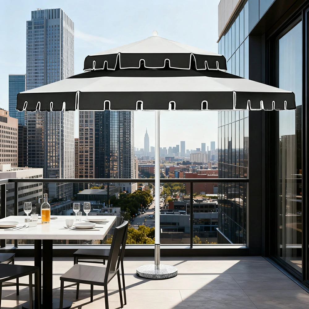 SOLARA Outdoor Patio Umbrella - 250/270cm Round Double-Layer Canopy with French Scalloped Valance, Enhanced Ventilation & Wind Resistance, Sunshade & Rain Protection, 20kg Marble Base Included - Black & White