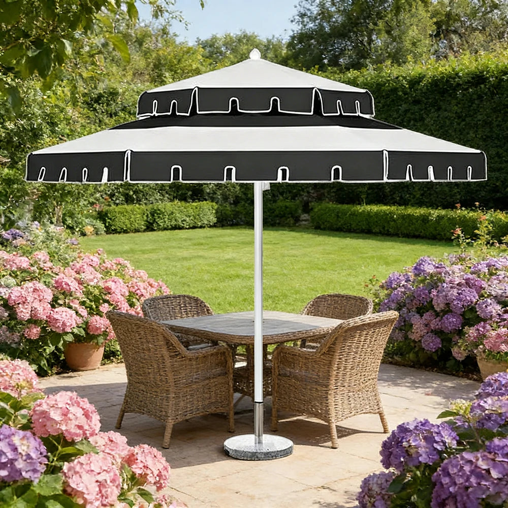 SOLARA Outdoor Patio Umbrella - 250/270cm Round Double-Layer Canopy with French Scalloped Valance, Enhanced Ventilation & Wind Resistance, Sunshade & Rain Protection, 20kg Marble Base Included - Black & White