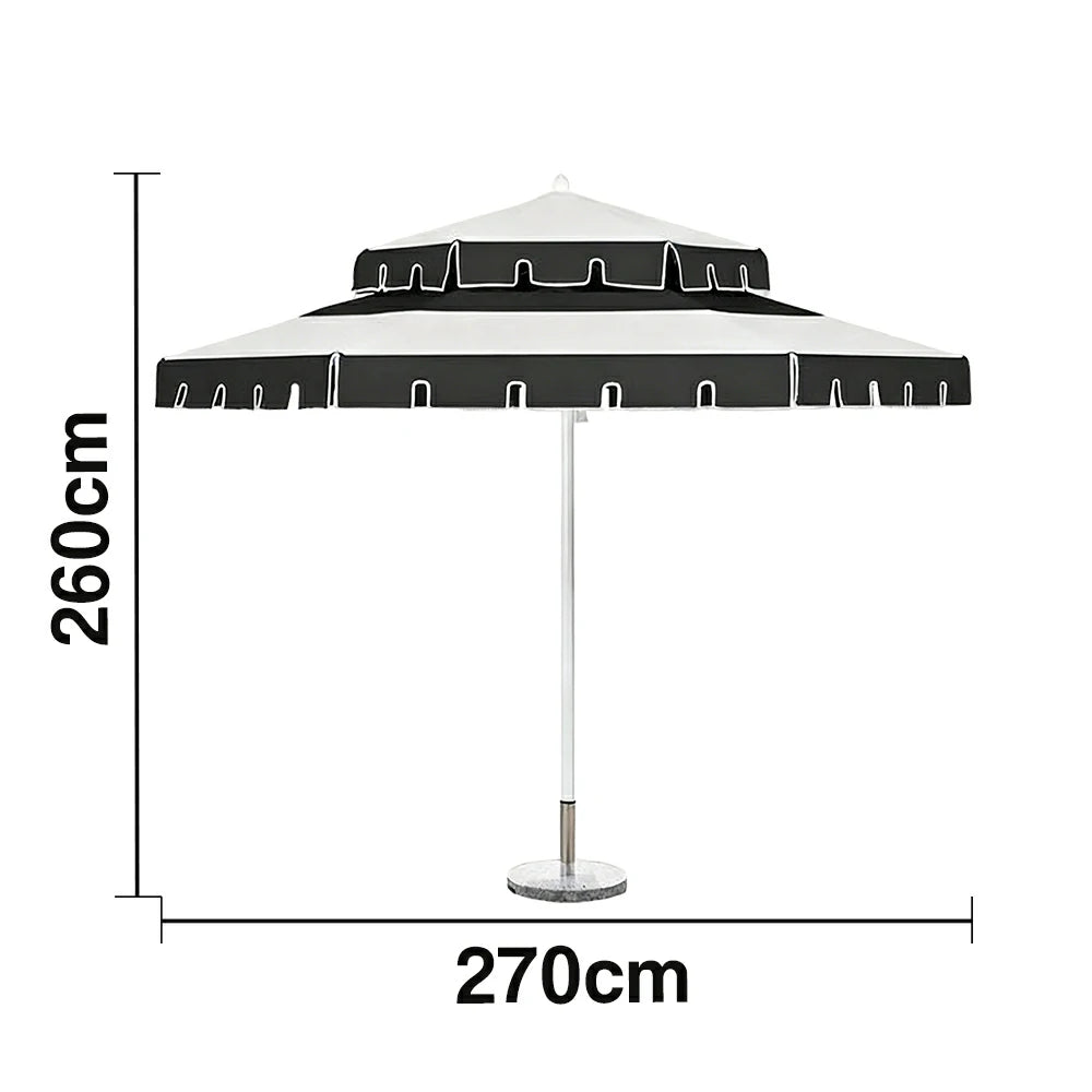 SOLARA Outdoor Patio Umbrella - 250/270cm Round Double-Layer Canopy with French Scalloped Valance, Enhanced Ventilation & Wind Resistance, Sunshade & Rain Protection, 20kg Marble Base Included - Black & White