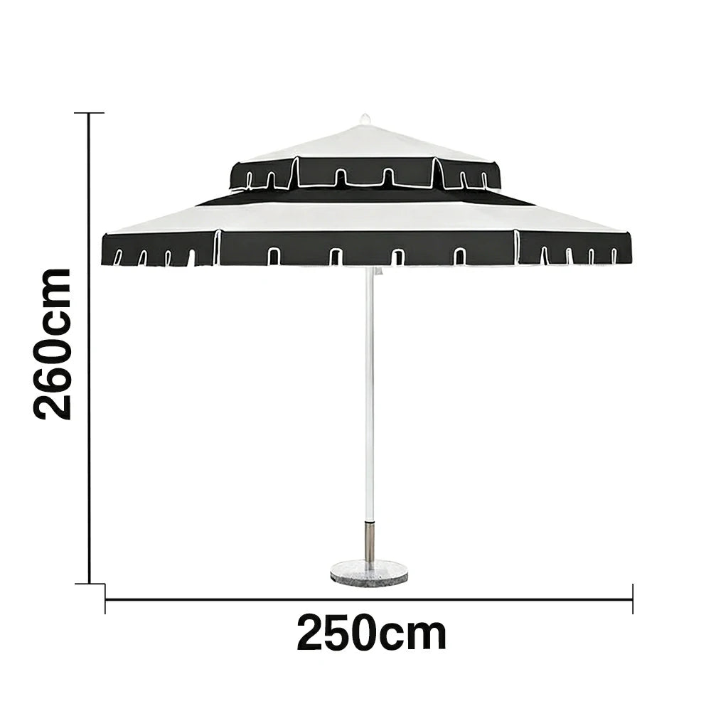 SOLARA Outdoor Patio Umbrella - 250/270cm Round Double-Layer Canopy with French Scalloped Valance, Enhanced Ventilation & Wind Resistance, Sunshade & Rain Protection, 20kg Marble Base Included - Black & White