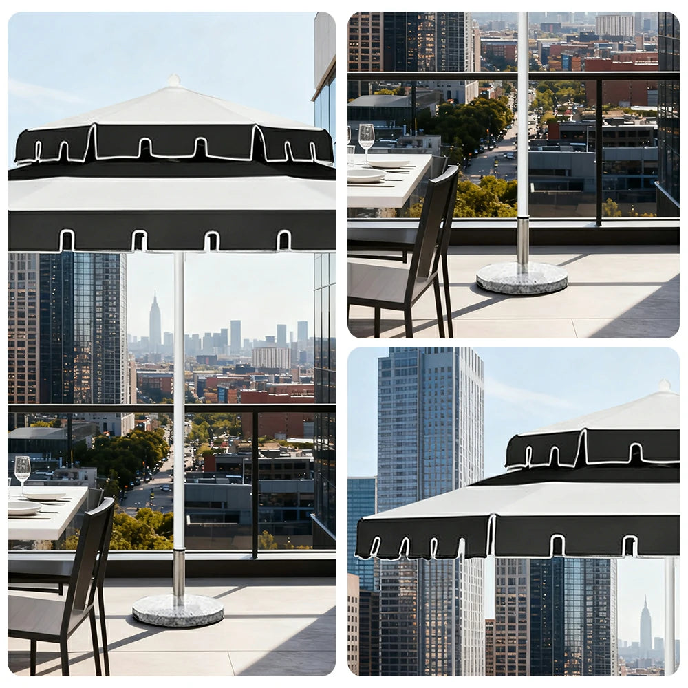 SOLARA Outdoor Patio Umbrella - 250/270cm Round Double-Layer Canopy with French Scalloped Valance, Enhanced Ventilation & Wind Resistance, Sunshade & Rain Protection, 20kg Marble Base Included - Black & White