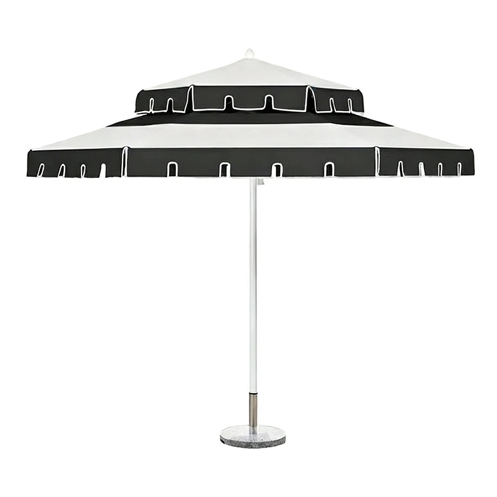 SOLARA Outdoor Patio Umbrella - 250/270cm Round Double-Layer Canopy with French Scalloped Valance, Enhanced Ventilation & Wind Resistance, Sunshade & Rain Protection, 20kg Marble Base Included - Black & White