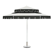 SOLARA Outdoor Patio Umbrella - 250/270cm Round Double-Layer Canopy with French Scalloped Valance, Enhanced Ventilation & Wind Resistance, Sunshade & Rain Protection, 20kg Marble Base Included - Black & White