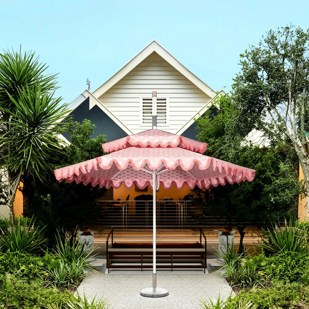SOLARA Outdoor Patio Umbrella - 250/270cm Round Double-Layer Canopy with French Scalloped Valance, Enhanced Ventilation & Wind Resistance, Sunshade & Rain Protection, 20kg Marble Base Included - Pink Polka Dot Pattern