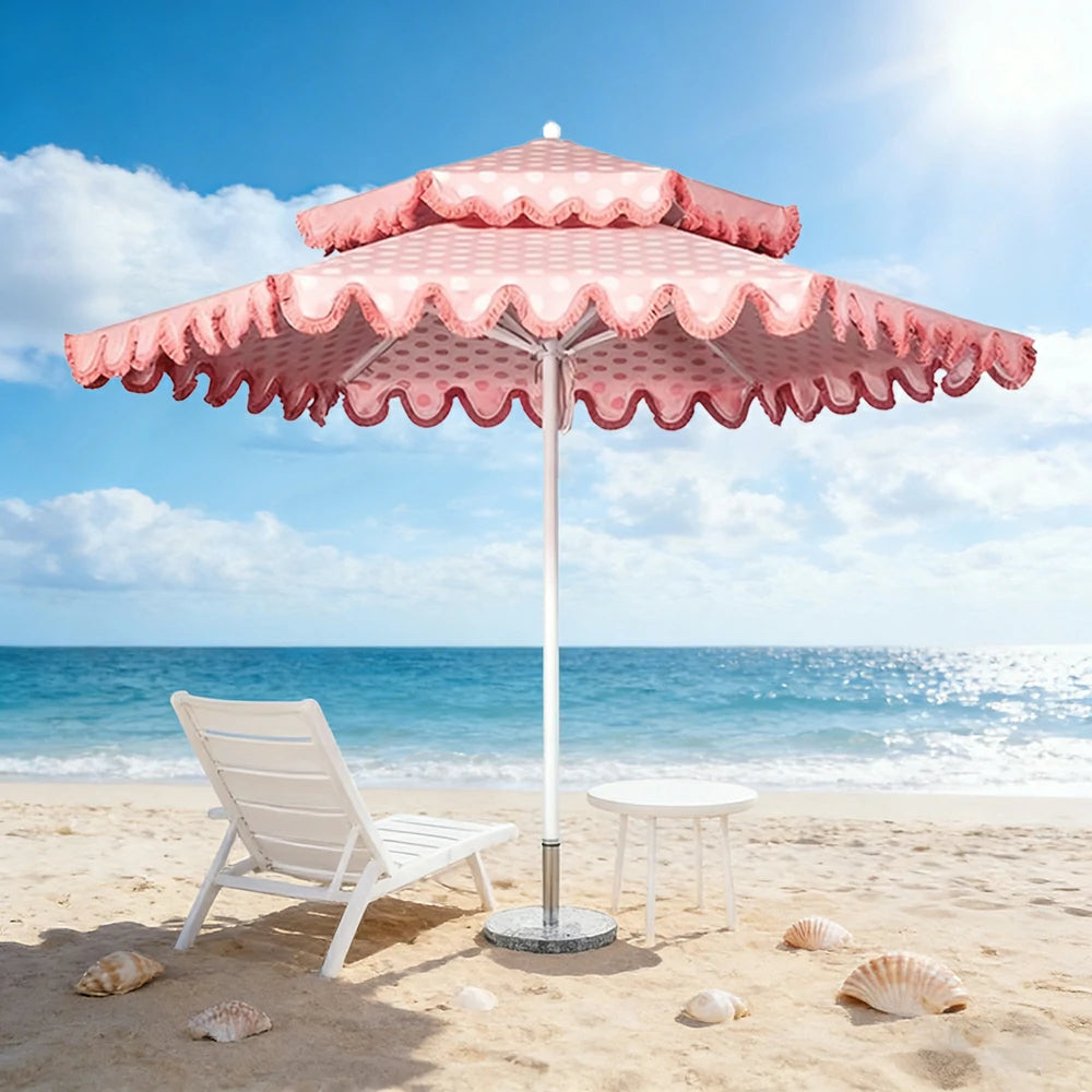 SOLARA Outdoor Patio Umbrella - 250/270cm Round Double-Layer Canopy with French Scalloped Valance, Enhanced Ventilation & Wind Resistance, Sunshade & Rain Protection, 20kg Marble Base Included - Pink Polka Dot Pattern