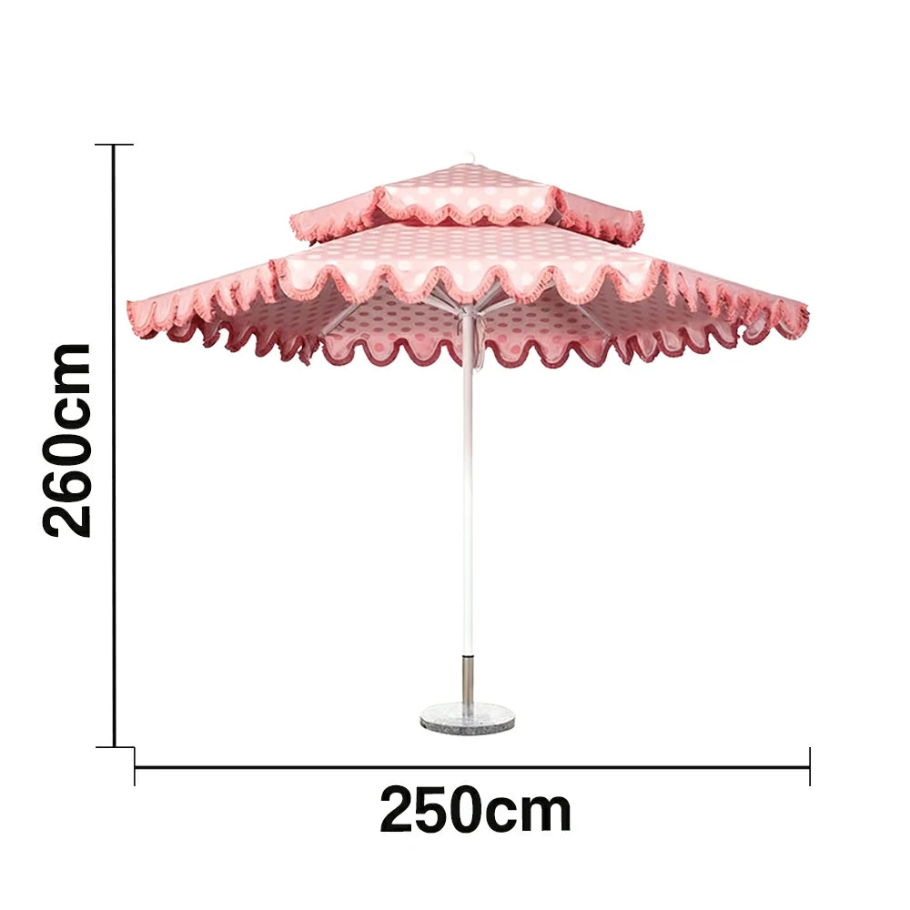 SOLARA Outdoor Patio Umbrella - 250/270cm Round Double-Layer Canopy with French Scalloped Valance, Enhanced Ventilation & Wind Resistance, Sunshade & Rain Protection, 20kg Marble Base Included - Pink Polka Dot Pattern