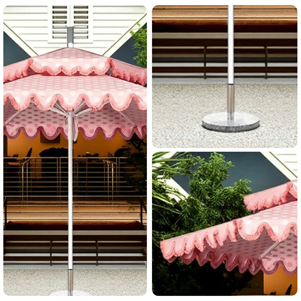SOLARA Outdoor Patio Umbrella - 250/270cm Round Double-Layer Canopy with French Scalloped Valance, Enhanced Ventilation & Wind Resistance, Sunshade & Rain Protection, 20kg Marble Base Included - Pink Polka Dot Pattern