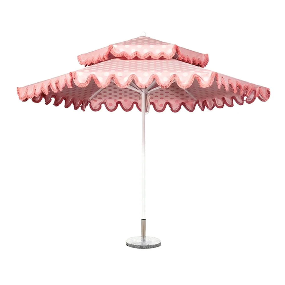 SOLARA Outdoor Patio Umbrella - 250/270cm Round Double-Layer Canopy with French Scalloped Valance, Enhanced Ventilation & Wind Resistance, Sunshade & Rain Protection, 20kg Marble Base Included - Pink Polka Dot Pattern