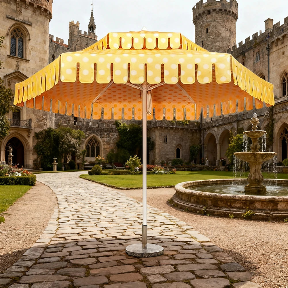 SOLARA Outdoor Patio Umbrella - 250/270cm Round Double-Layer Canopy with French Scalloped Valance, Enhanced Ventilation & Wind Resistance, Sunshade & Rain Protection, 20kg Marble Base Included - Yellow Polka Dot Pattern