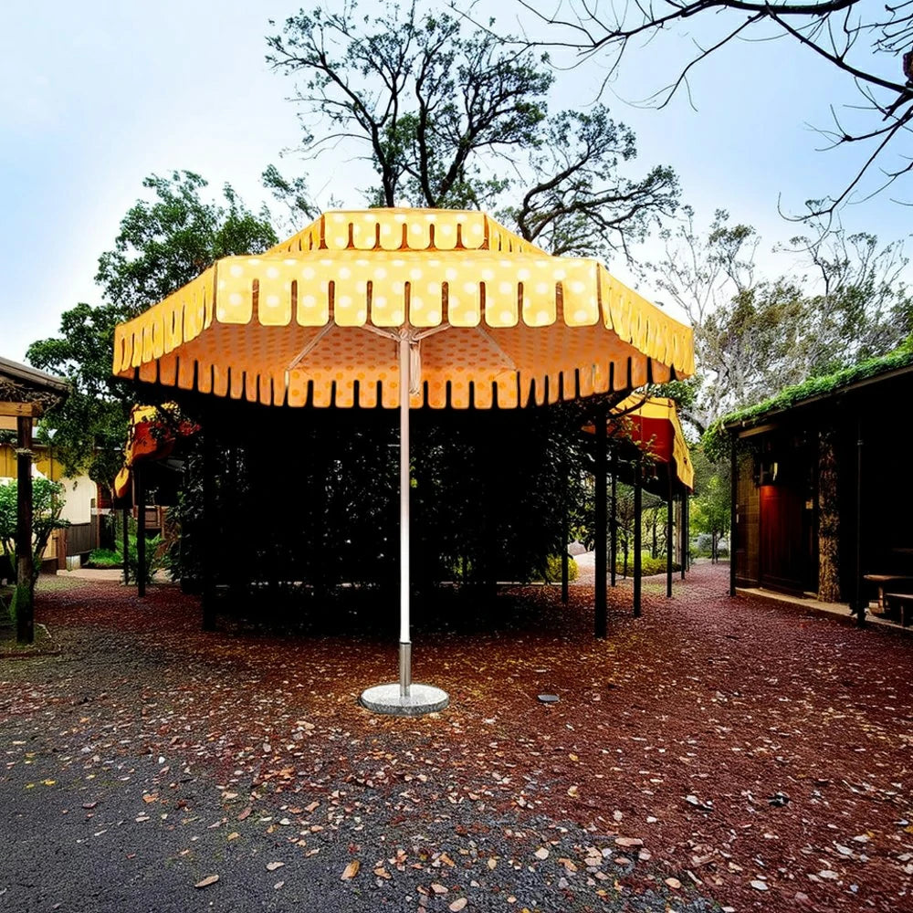 SOLARA Outdoor Patio Umbrella - 250/270cm Round Double-Layer Canopy with French Scalloped Valance, Enhanced Ventilation & Wind Resistance, Sunshade & Rain Protection, 20kg Marble Base Included - Yellow Polka Dot Pattern
