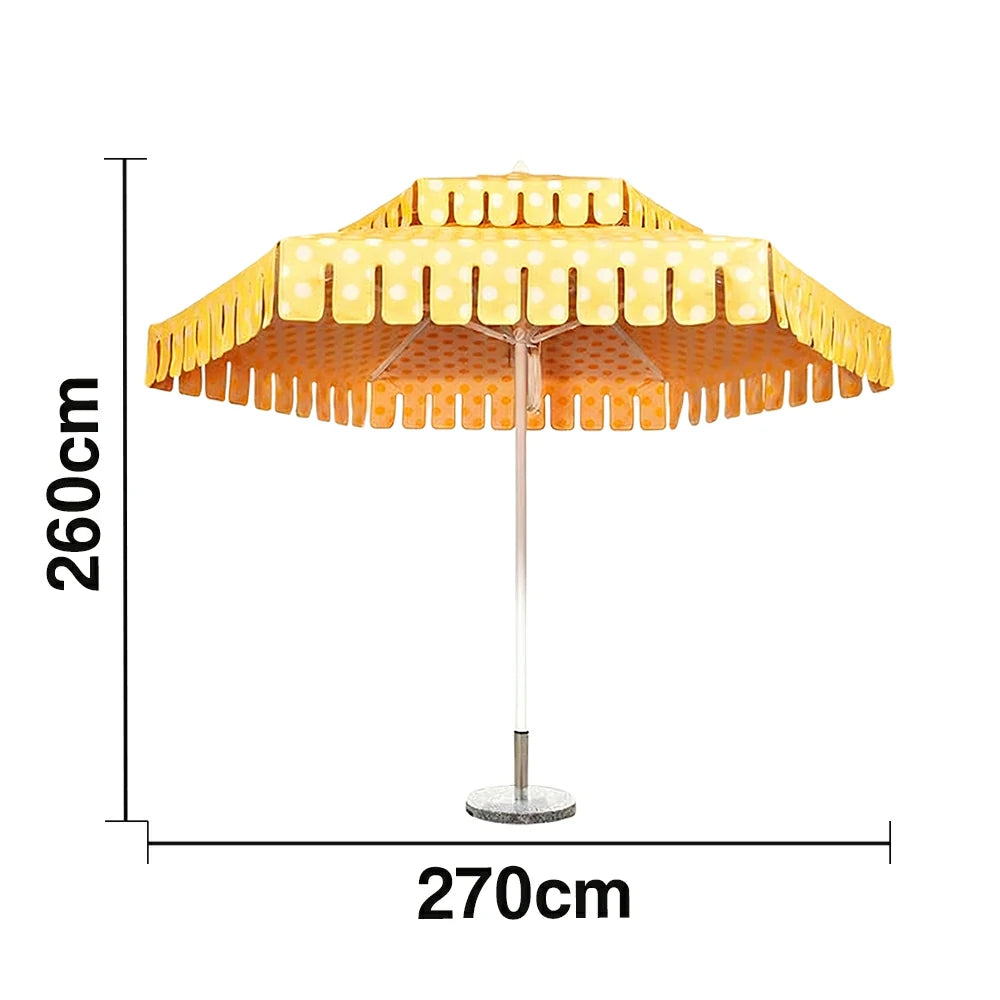 SOLARA Outdoor Patio Umbrella - 250/270cm Round Double-Layer Canopy with French Scalloped Valance, Enhanced Ventilation & Wind Resistance, Sunshade & Rain Protection, 20kg Marble Base Included - Yellow Polka Dot Pattern