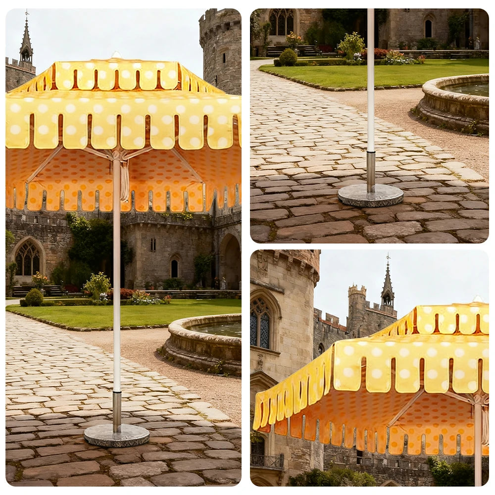 SOLARA Outdoor Patio Umbrella - 250/270cm Round Double-Layer Canopy with French Scalloped Valance, Enhanced Ventilation & Wind Resistance, Sunshade & Rain Protection, 20kg Marble Base Included - Yellow Polka Dot Pattern