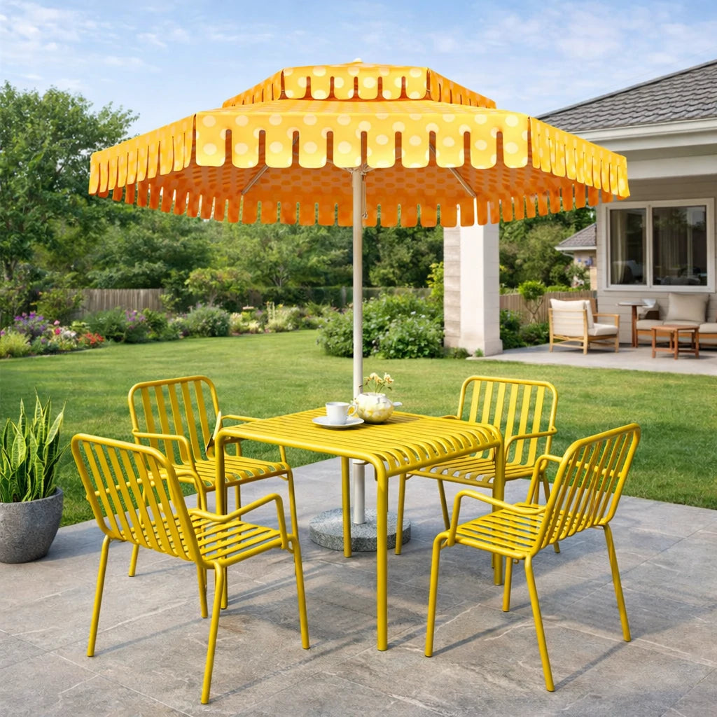 SOLARA Outdoor Patio Umbrella - 250/270cm Round Double-Layer Canopy with French Scalloped Valance, Enhanced Ventilation & Wind Resistance, Sunshade & Rain Protection, 20kg Marble Base Included - Yellow Polka Dot Pattern