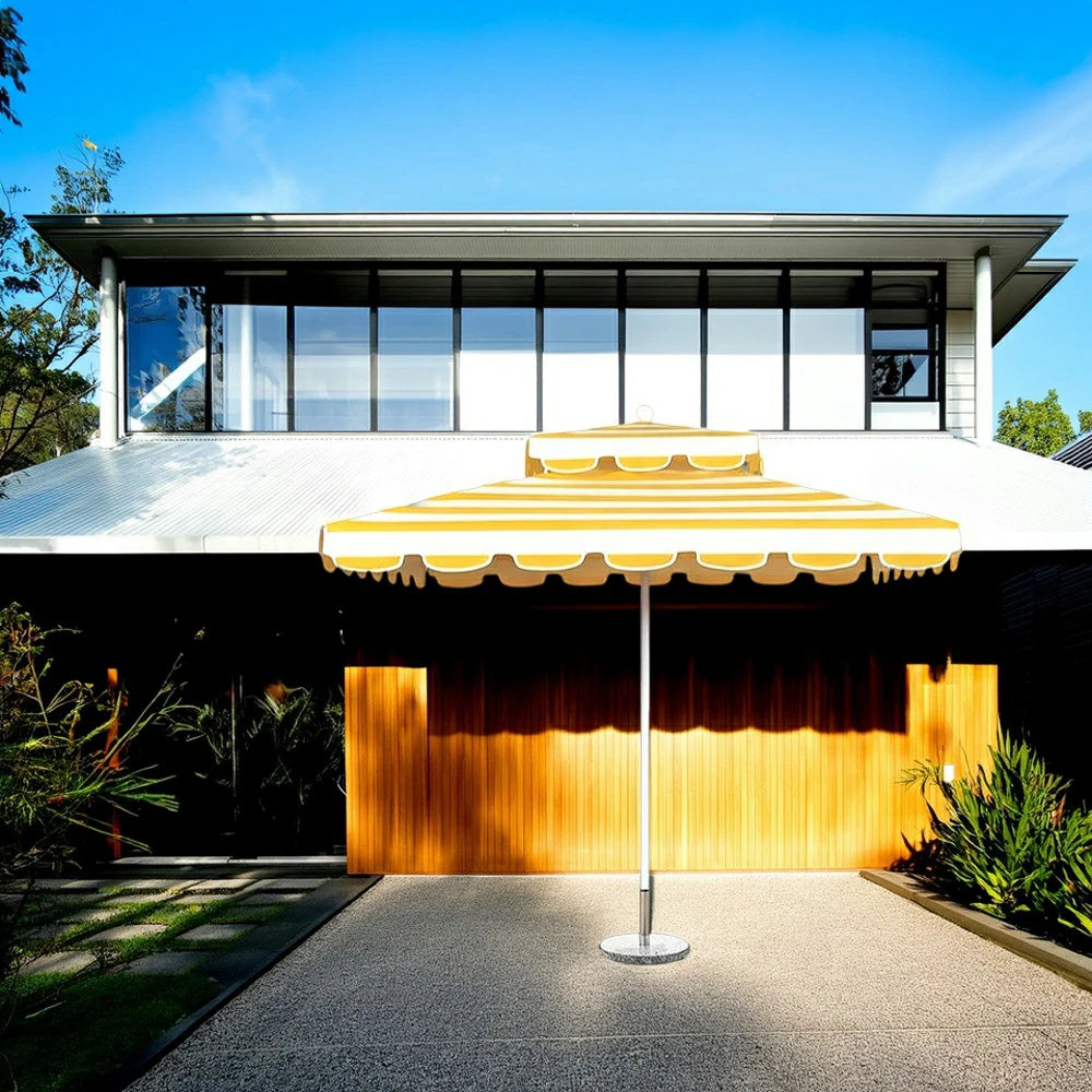 SOLARA Outdoor Patio Umbrella - 250/270cm Round Double-Layer Canopy with French Scalloped Valance, Enhanced Ventilation & Wind Resistance, Sunshade & Rain Protection, 20kg Marble Base Included - Yellow Striped