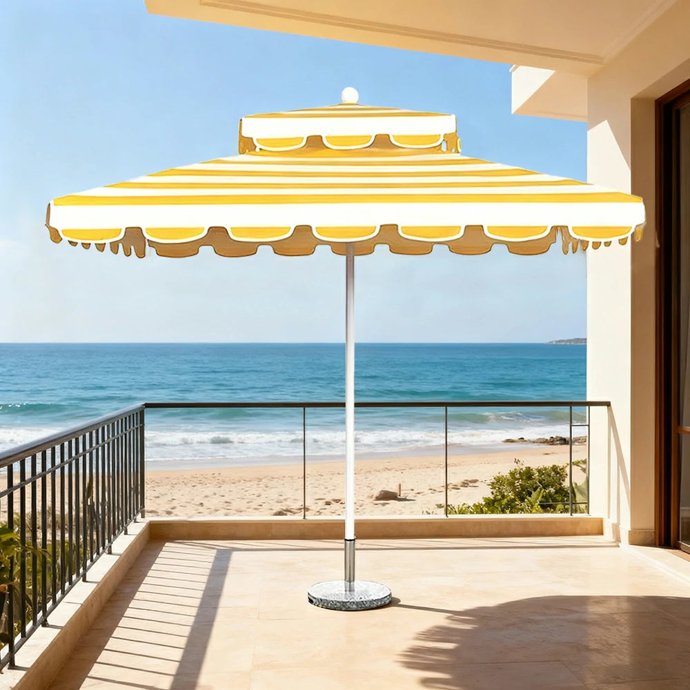 SOLARA Outdoor Patio Umbrella - 250/270cm Round Double-Layer Canopy with French Scalloped Valance, Enhanced Ventilation & Wind Resistance, Sunshade & Rain Protection, 20kg Marble Base Included - Yellow Striped