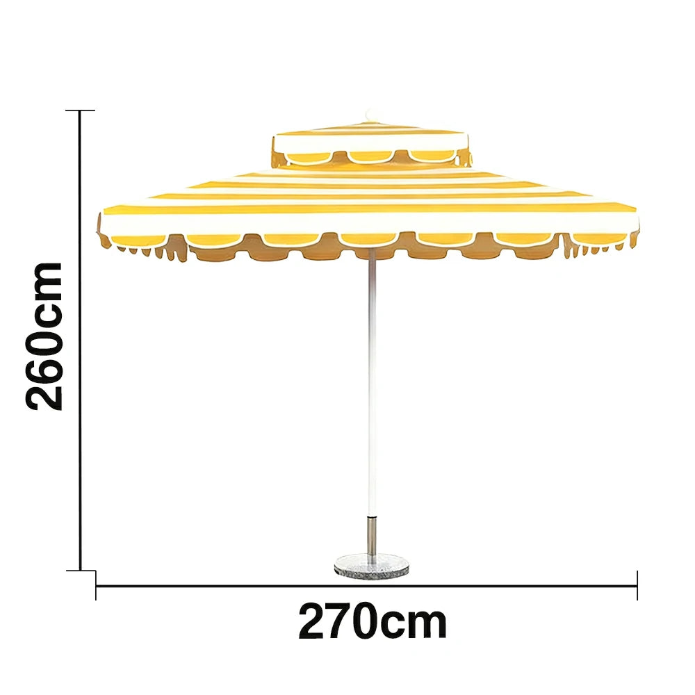 SOLARA Outdoor Patio Umbrella - 250/270cm Round Double-Layer Canopy with French Scalloped Valance, Enhanced Ventilation & Wind Resistance, Sunshade & Rain Protection, 20kg Marble Base Included - Yellow Striped