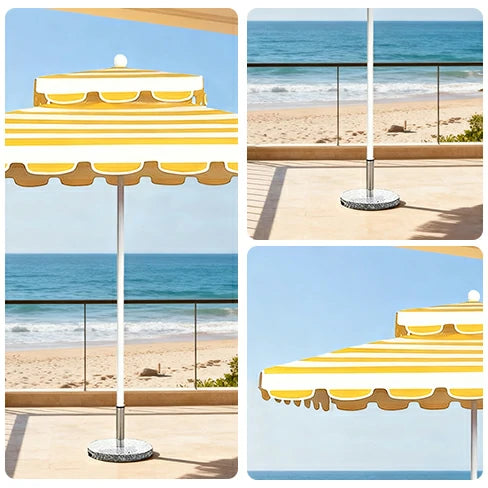 SOLARA Outdoor Patio Umbrella - 250/270cm Round Double-Layer Canopy with French Scalloped Valance, Enhanced Ventilation & Wind Resistance, Sunshade & Rain Protection, 20kg Marble Base Included - Yellow Striped