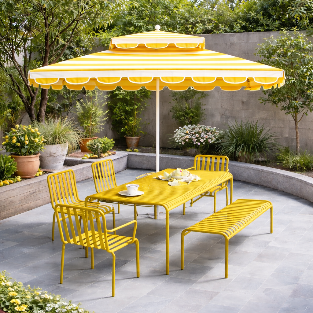 SOLARA Outdoor Patio Umbrella - 250/270cm Round Double-Layer Canopy with French Scalloped Valance, Enhanced Ventilation & Wind Resistance, Sunshade & Rain Protection, 20kg Marble Base Included - Yellow Striped