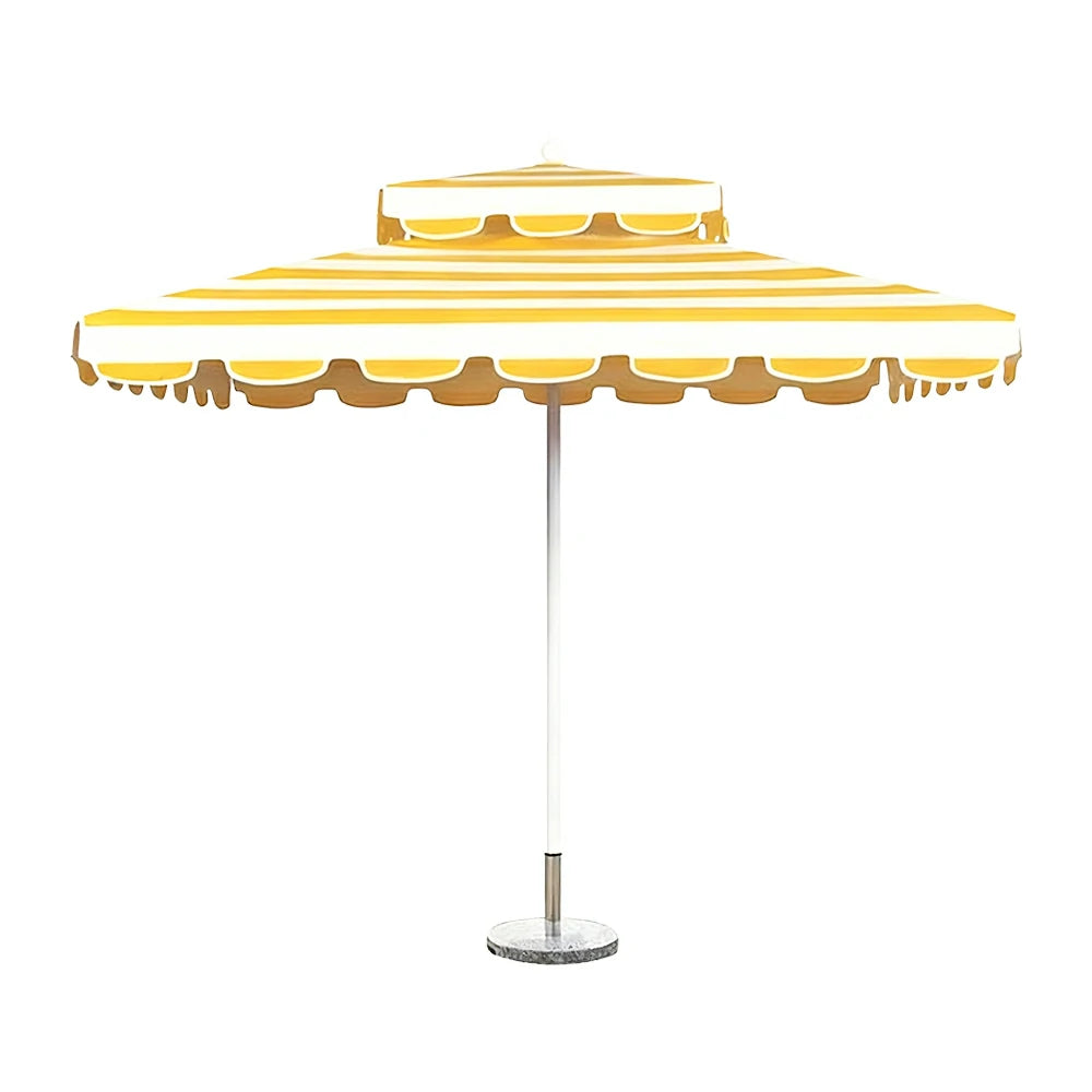 SOLARA Outdoor Patio Umbrella - 250/270cm Round Double-Layer Canopy with French Scalloped Valance, Enhanced Ventilation & Wind Resistance, Sunshade & Rain Protection, 20kg Marble Base Included - Yellow Striped