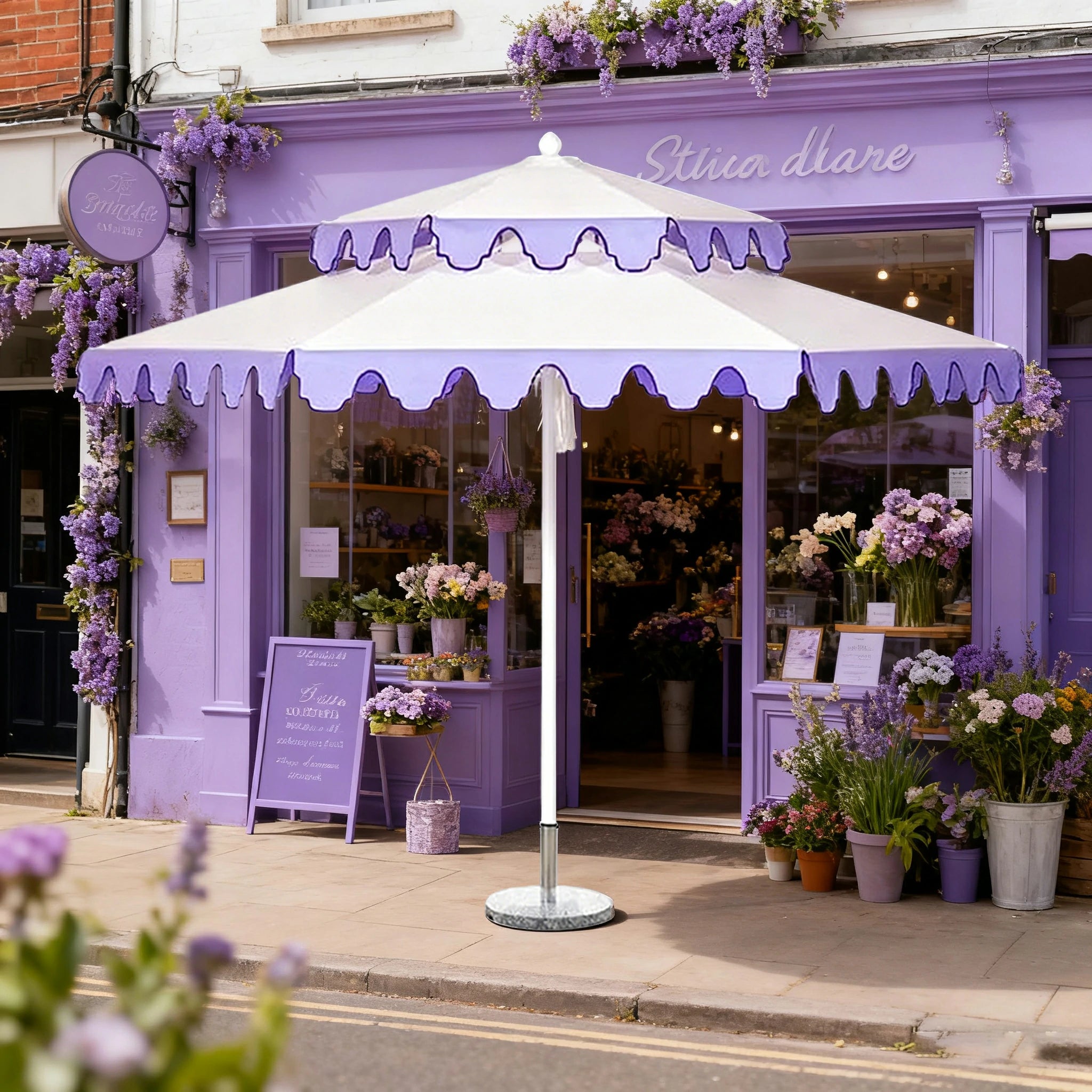 SOLARA Outdoor Patio Umbrella - 250/270cm Round Double-Layer Canopy with French Scalloped Valance, Enhanced Ventilation & Wind Resistance, Sunshade & Rain Protection, 20kg Marble Base Included - Purple & White