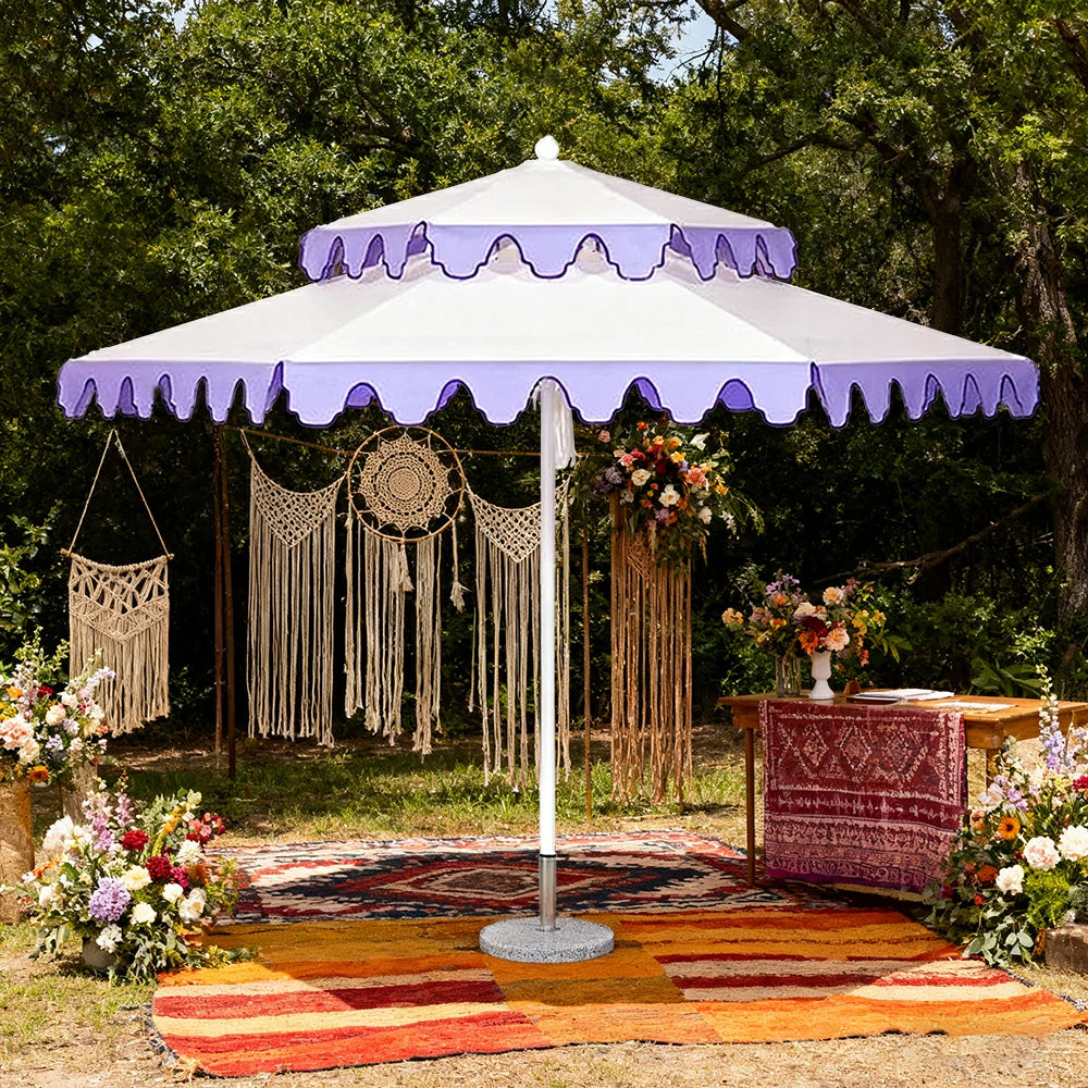 SOLARA Outdoor Patio Umbrella - 250/270cm Round Double-Layer Canopy with French Scalloped Valance, Enhanced Ventilation & Wind Resistance, Sunshade & Rain Protection, 20kg Marble Base Included - Purple & White