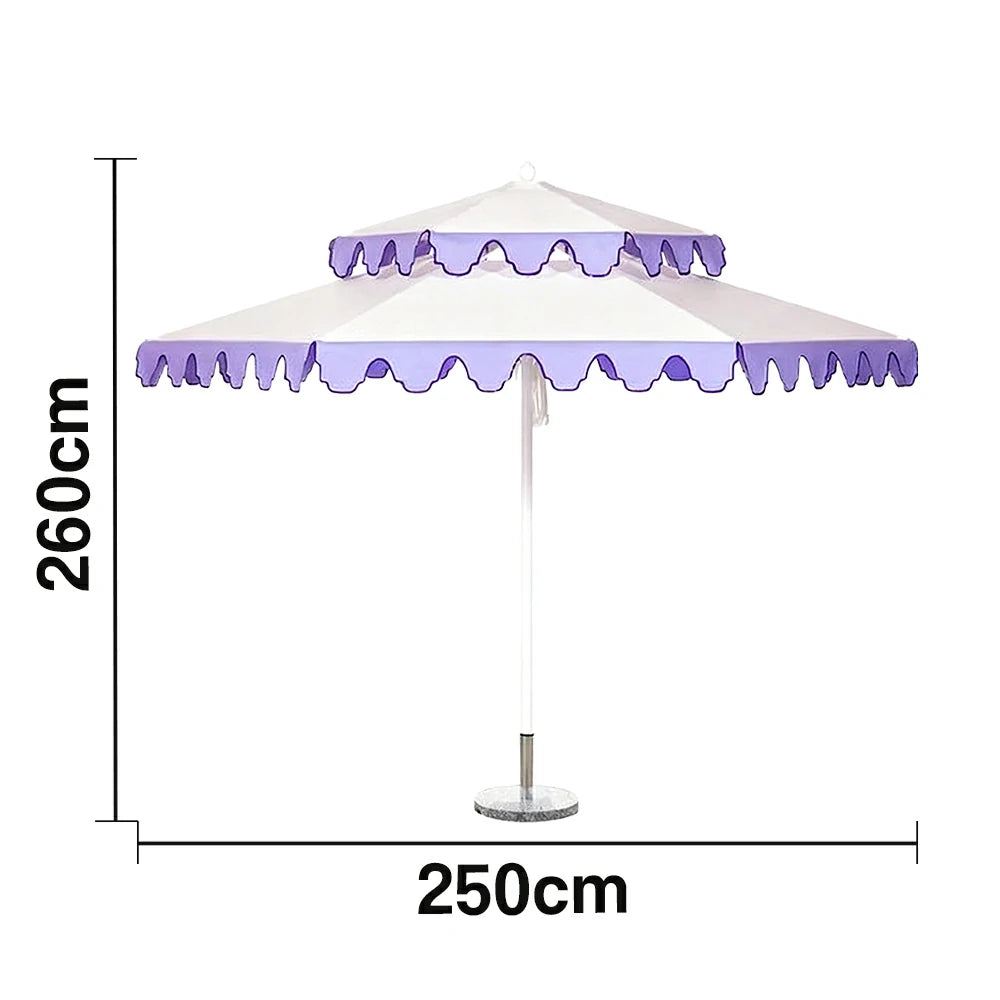 SOLARA Outdoor Patio Umbrella - 250/270cm Round Double-Layer Canopy with French Scalloped Valance, Enhanced Ventilation & Wind Resistance, Sunshade & Rain Protection, 20kg Marble Base Included - Purple & White