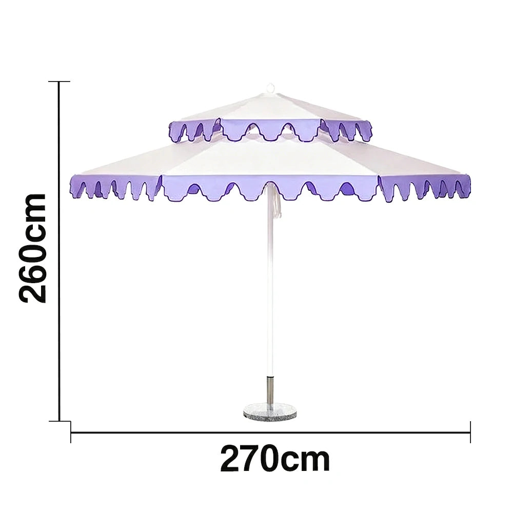 SOLARA Outdoor Patio Umbrella - 250/270cm Round Double-Layer Canopy with French Scalloped Valance, Enhanced Ventilation & Wind Resistance, Sunshade & Rain Protection, 20kg Marble Base Included - Purple & White