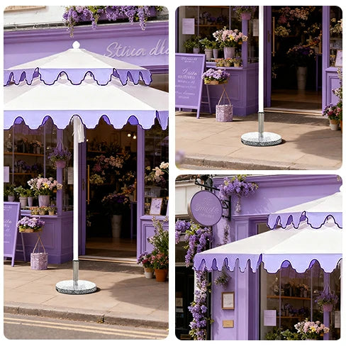 SOLARA Outdoor Patio Umbrella - 250/270cm Round Double-Layer Canopy with French Scalloped Valance, Enhanced Ventilation & Wind Resistance, Sunshade & Rain Protection, 20kg Marble Base Included - Purple & White