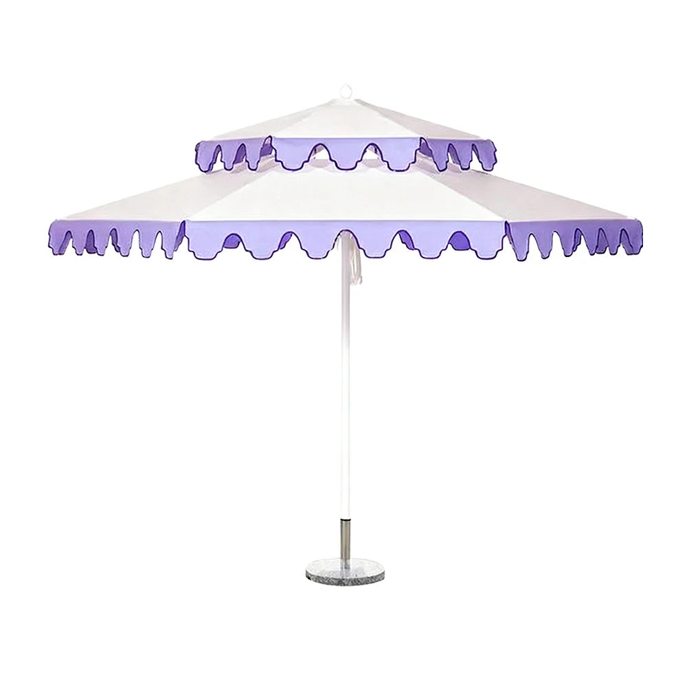 SOLARA Outdoor Patio Umbrella - 250/270cm Round Double-Layer Canopy with French Scalloped Valance, Enhanced Ventilation & Wind Resistance, Sunshade & Rain Protection, 20kg Marble Base Included - Purple & White