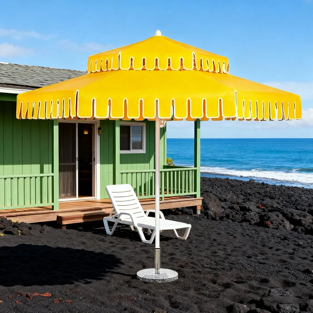 SOLARA Outdoor Patio Umbrella - 250/270cm Round Double-Layer Canopy with French Scalloped Valance, Enhanced Ventilation & Wind Resistance, Sunshade & Rain Protection, 20kg Marble Base Included - Yellow