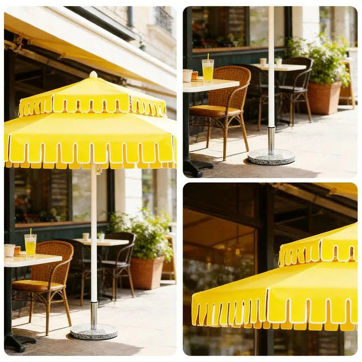 SOLARA Outdoor Patio Umbrella - 250/270cm Round Double-Layer Canopy with French Scalloped Valance, Enhanced Ventilation & Wind Resistance, Sunshade & Rain Protection, 20kg Marble Base Included - Yellow