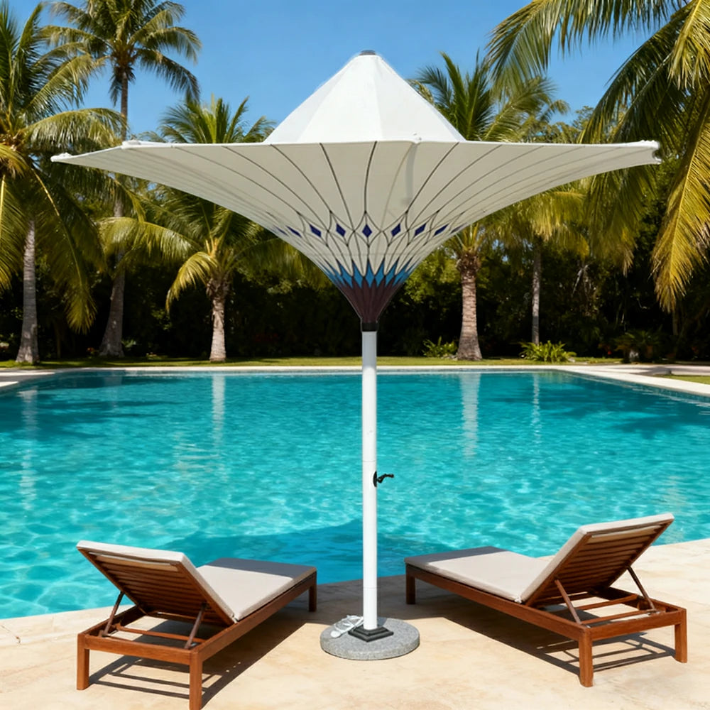 SOLARA Outdoor Designer Patio Umbrella - Peacock-Inspired Canopy with Reinforced 8-Rib Structure, Smooth Crank System, Sunshade & Rain Protection, Marble Base Included - White