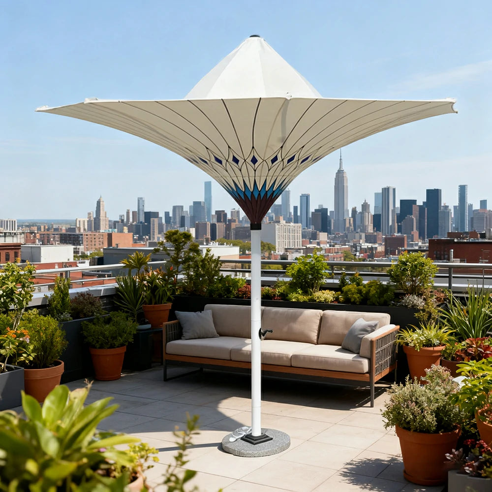 SOLARA Outdoor Designer Patio Umbrella - Peacock-Inspired Canopy with Reinforced 8-Rib Structure, Smooth Crank System, Sunshade & Rain Protection, Marble Base Included - White