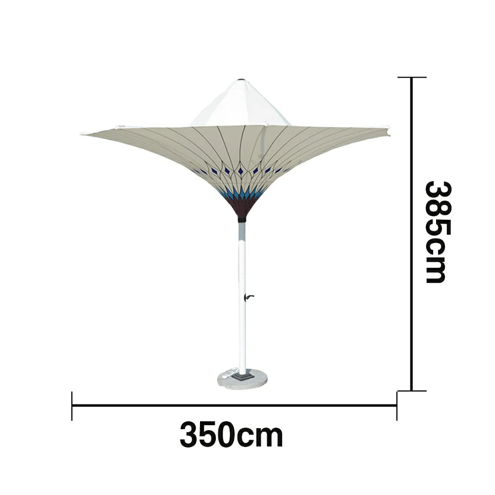 SOLARA Outdoor Designer Patio Umbrella - Peacock-Inspired Canopy with Reinforced 8-Rib Structure, Smooth Crank System, Sunshade & Rain Protection, Marble Base Included - White