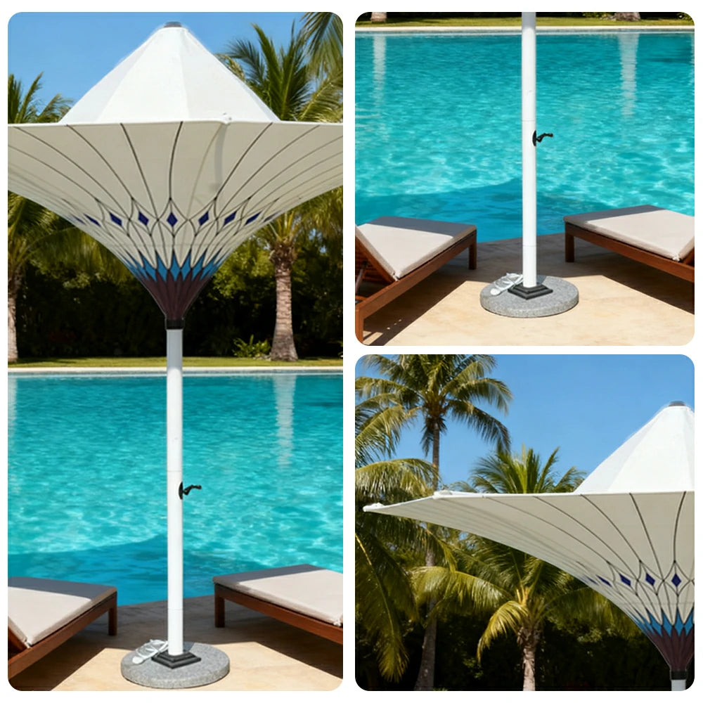 SOLARA Outdoor Designer Patio Umbrella - Peacock-Inspired Canopy with Reinforced 8-Rib Structure, Smooth Crank System, Sunshade & Rain Protection, Marble Base Included - White