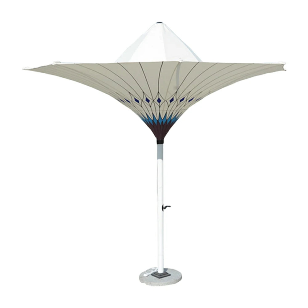 SOLARA Outdoor Designer Patio Umbrella - Peacock-Inspired Canopy with Reinforced 8-Rib Structure, Smooth Crank System, Sunshade & Rain Protection, Marble Base Included - White