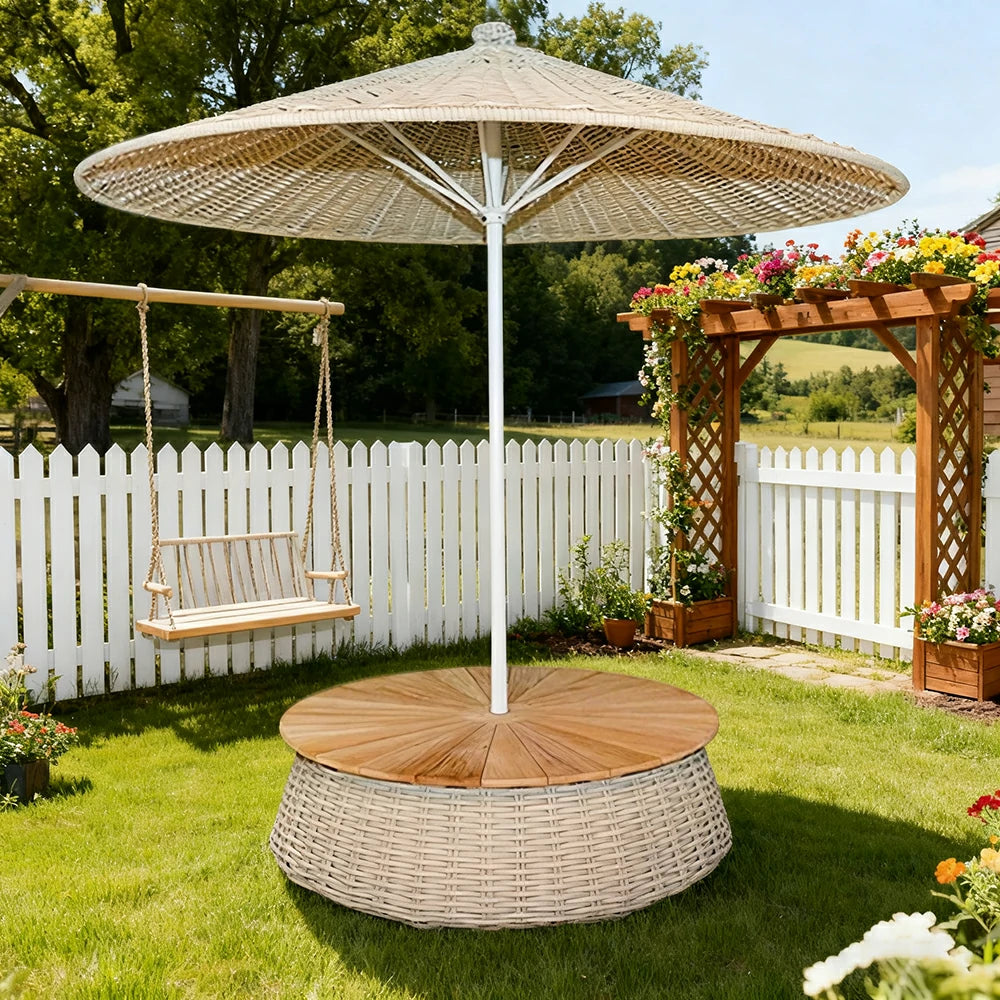 SOLARA Outdoor Wicker Patio Umbrella - 240/260cm Round Handwoven Canopy with Wind-Resistant Rattan Design, UV Sunshade & Rain Protection, Resort Poolside Garden Style - White