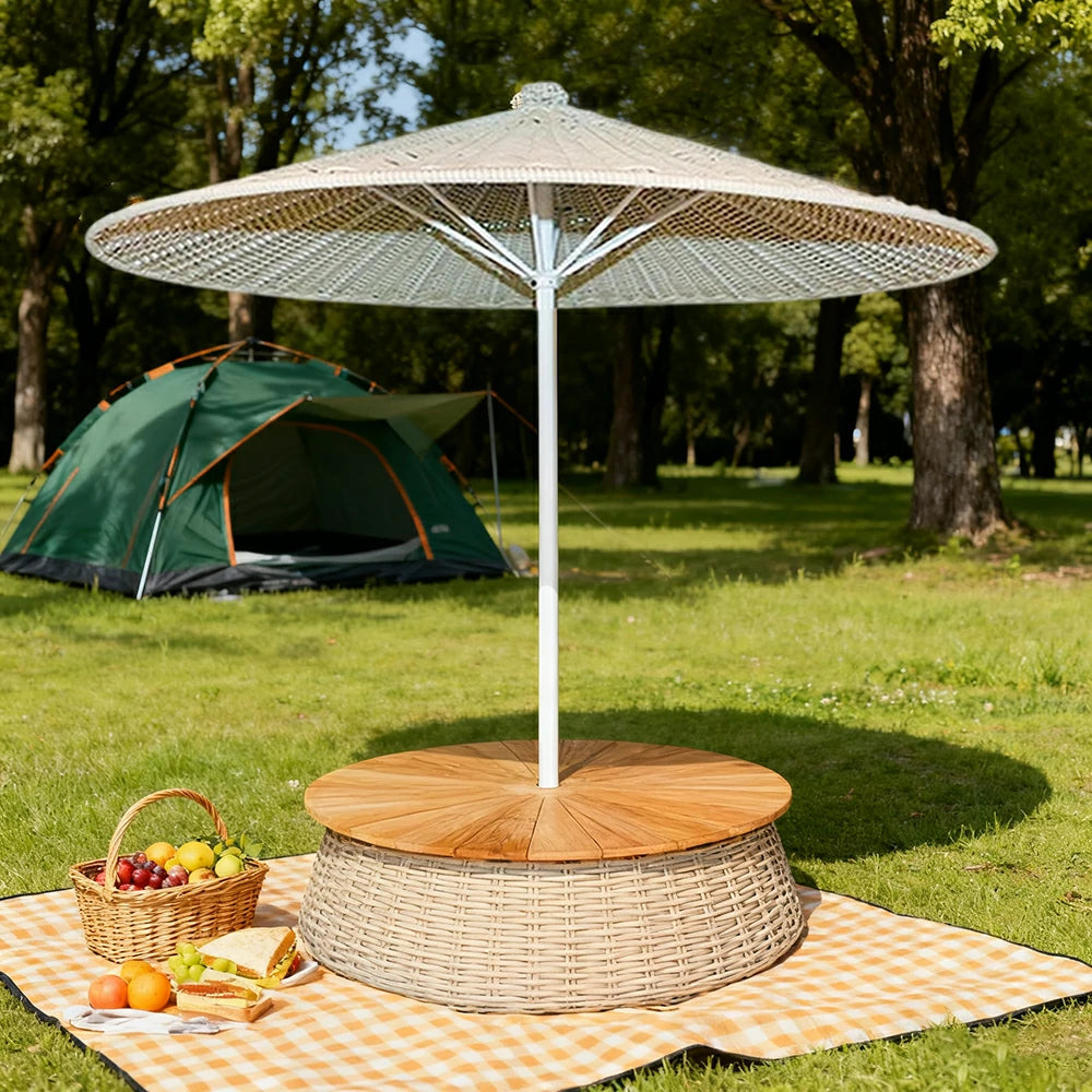 SOLARA Outdoor Wicker Patio Umbrella - 240/260cm Round Handwoven Canopy with Wind-Resistant Rattan Design, UV Sunshade & Rain Protection, Resort Poolside Garden Style - White