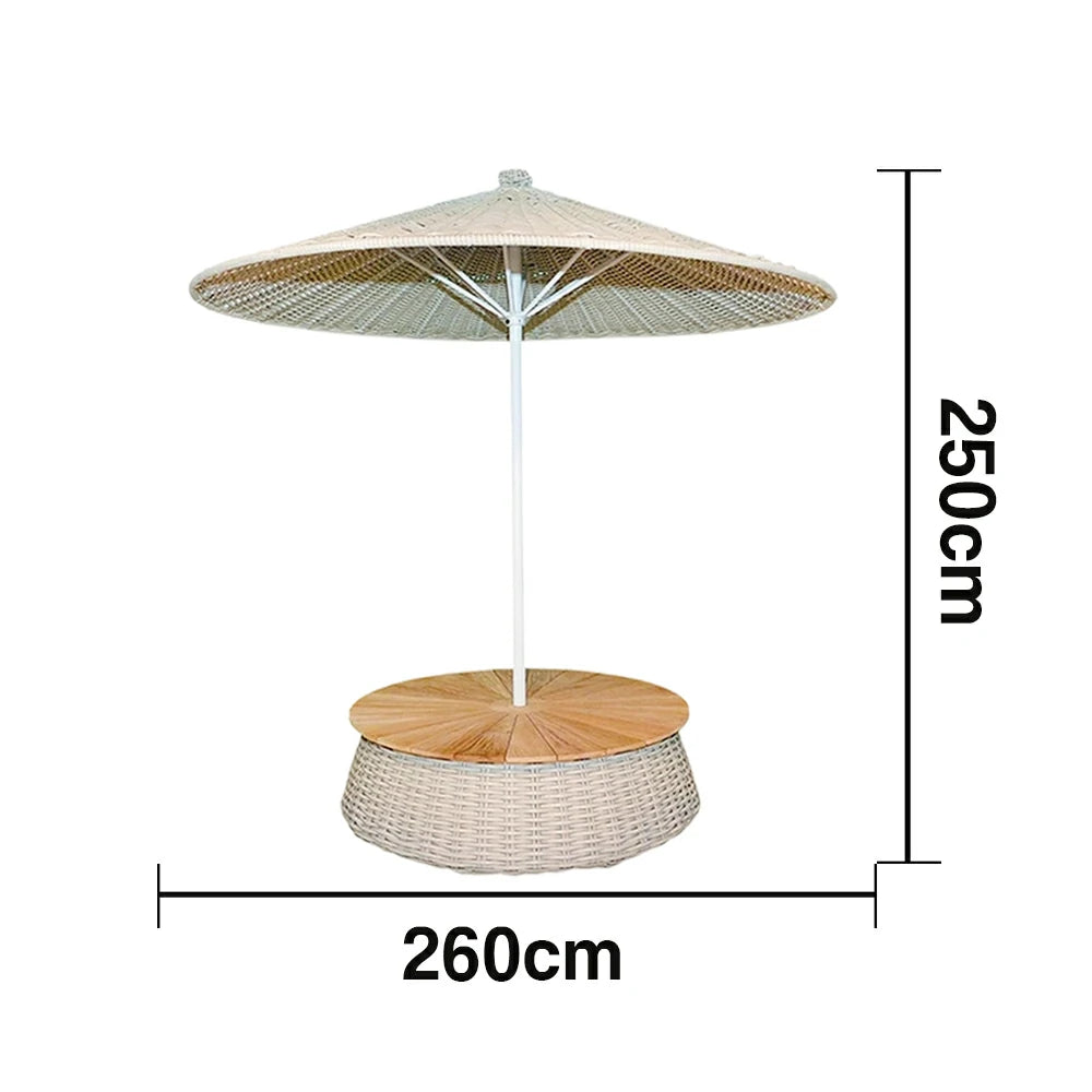 SOLARA Outdoor Wicker Patio Umbrella - 240/260cm Round Handwoven Canopy with Wind-Resistant Rattan Design, UV Sunshade & Rain Protection, Resort Poolside Garden Style - White