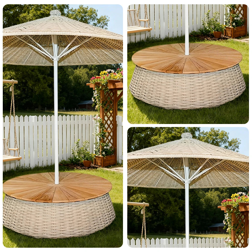 SOLARA Outdoor Wicker Patio Umbrella - 240/260cm Round Handwoven Canopy with Wind-Resistant Rattan Design, UV Sunshade & Rain Protection, Resort Poolside Garden Style - White
