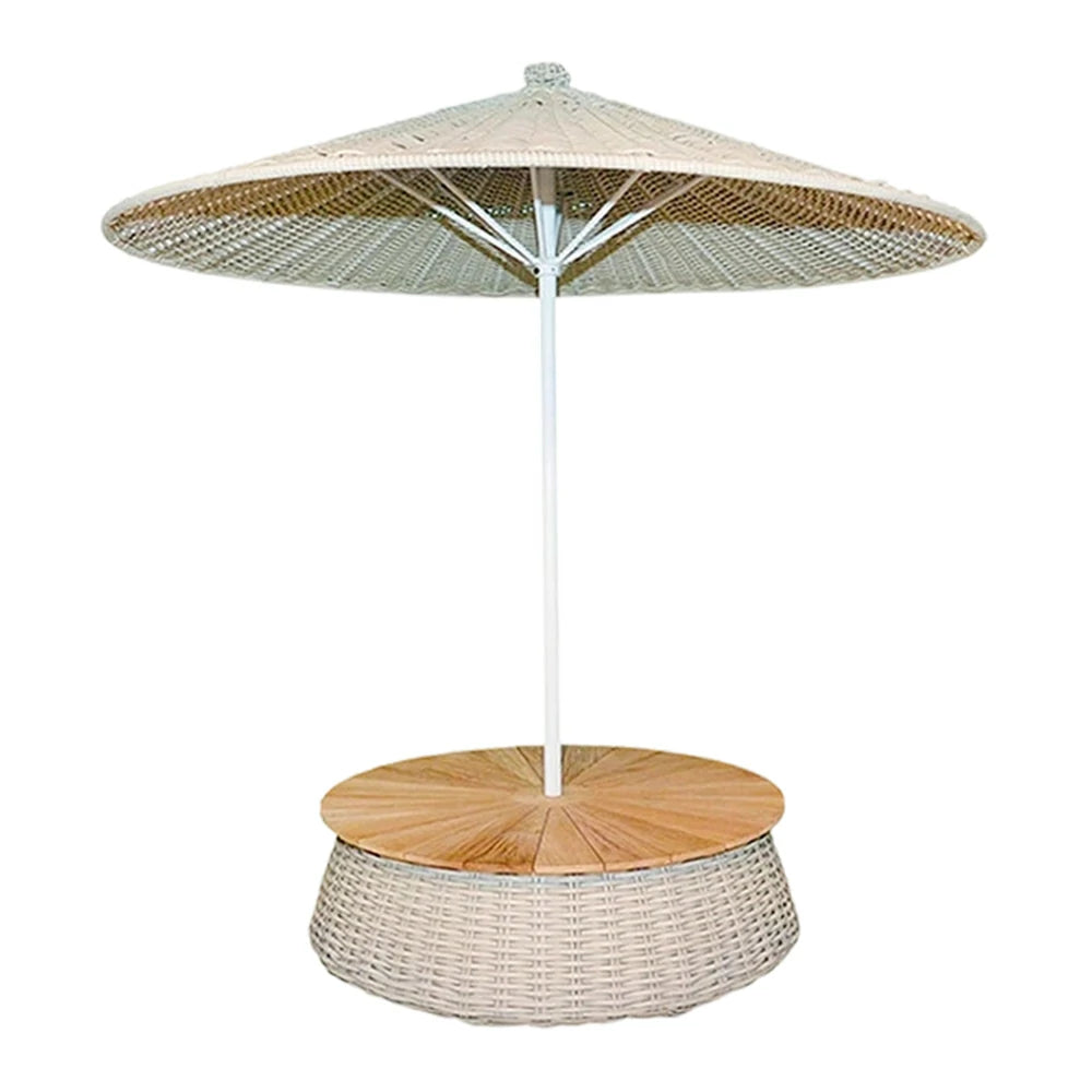 SOLARA Outdoor Wicker Patio Umbrella - 240/260cm Round Handwoven Canopy with Wind-Resistant Rattan Design, UV Sunshade & Rain Protection, Resort Poolside Garden Style - White