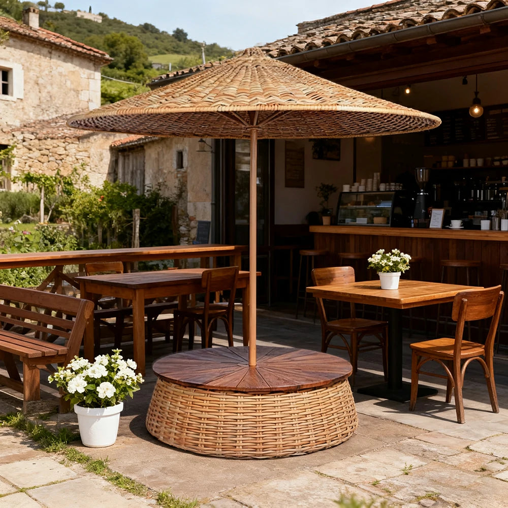 SOLARA Outdoor Wicker Patio Umbrella - 240/260cm Round Handwoven Canopy with Wind-Resistant Rattan Design, UV Sunshade & Rain Protection, Resort Poolside Garden Style - Khaki