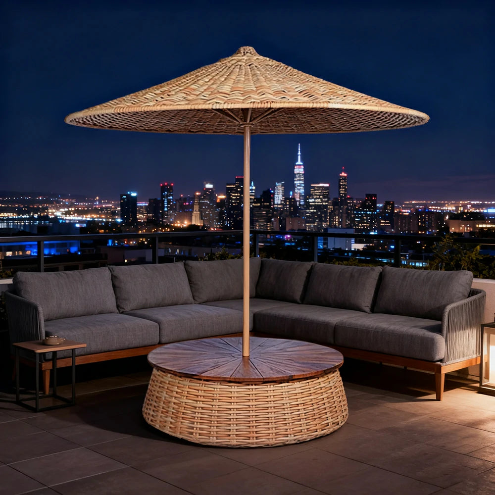 SOLARA Outdoor Wicker Patio Umbrella - 240/260cm Round Handwoven Canopy with Wind-Resistant Rattan Design, UV Sunshade & Rain Protection, Resort Poolside Garden Style - Khaki