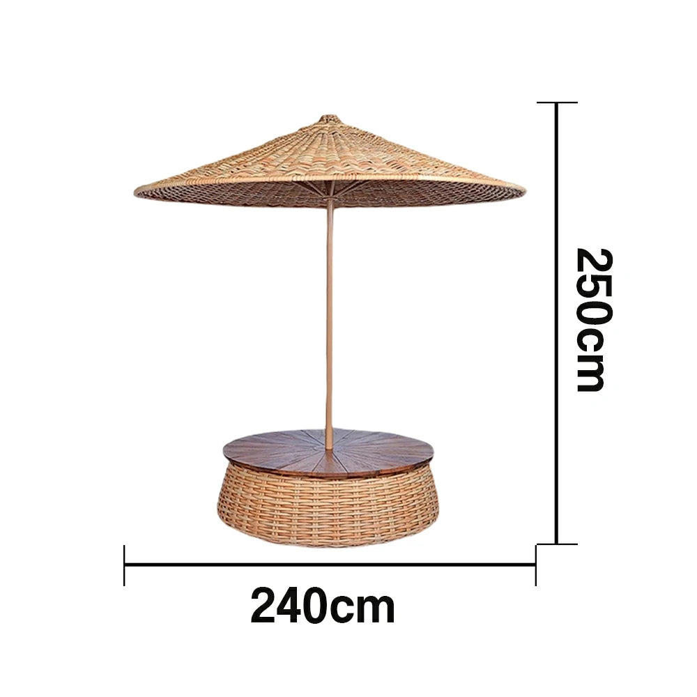 SOLARA Outdoor Wicker Patio Umbrella - 240/260cm Round Handwoven Canopy with Wind-Resistant Rattan Design, UV Sunshade & Rain Protection, Resort Poolside Garden Style - Khaki