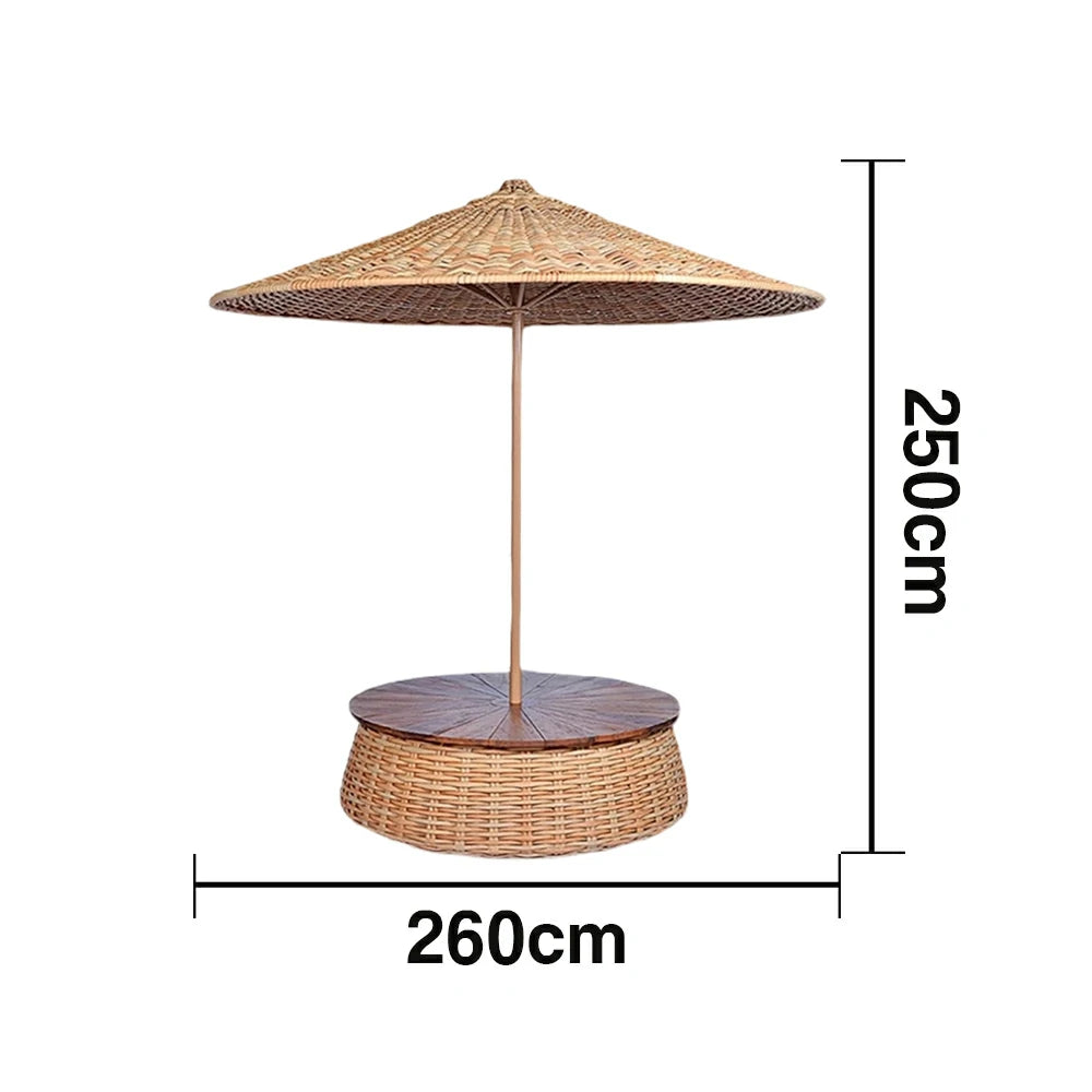 SOLARA Outdoor Wicker Patio Umbrella - 240/260cm Round Handwoven Canopy with Wind-Resistant Rattan Design, UV Sunshade & Rain Protection, Resort Poolside Garden Style - Khaki