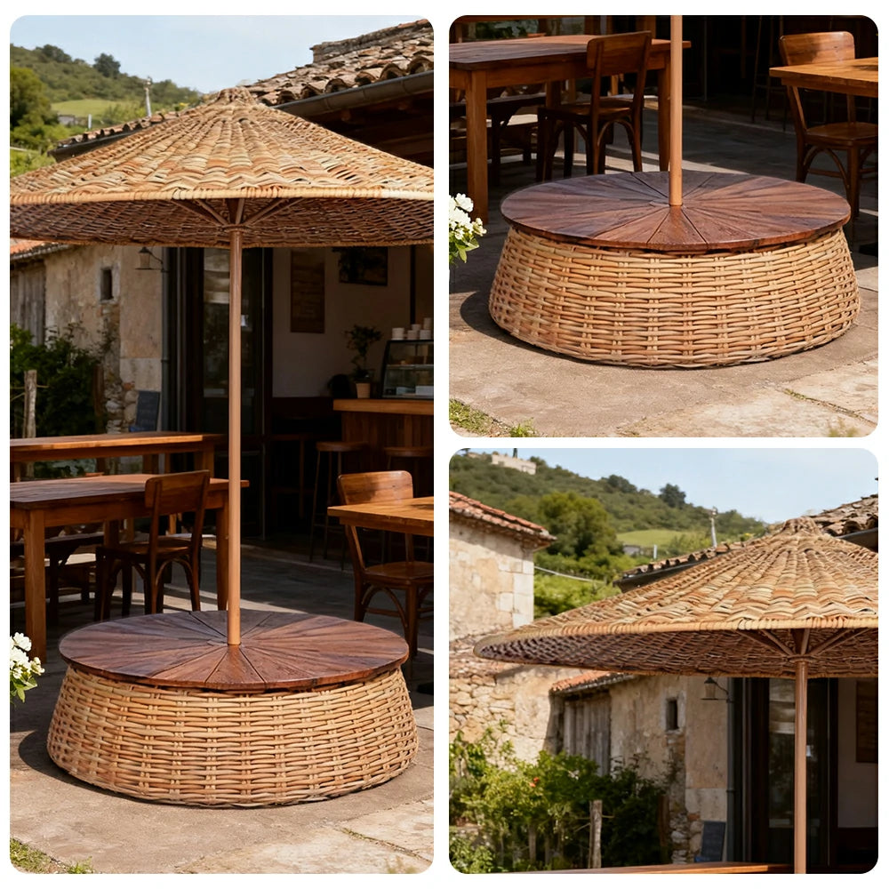 SOLARA Outdoor Wicker Patio Umbrella - 240/260cm Round Handwoven Canopy with Wind-Resistant Rattan Design, UV Sunshade & Rain Protection, Resort Poolside Garden Style - Khaki