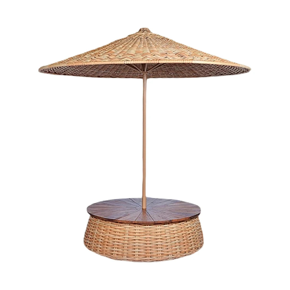 SOLARA Outdoor Wicker Patio Umbrella - 240/260cm Round Handwoven Canopy with Wind-Resistant Rattan Design, UV Sunshade & Rain Protection, Resort Poolside Garden Style - Khaki